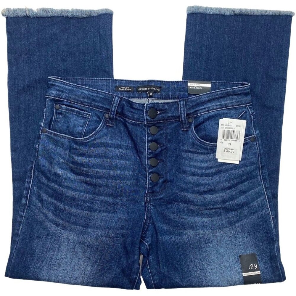 Green‎ St. Flare Jeans Women's 29 Blue Button-Fly Stretchy Raw-Hem Faded NEW